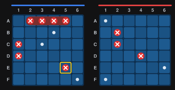 Two battleship grids with hits and misses