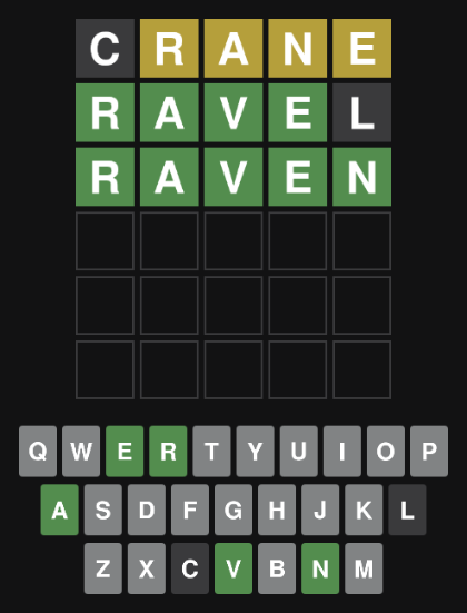 A solved Wordle board